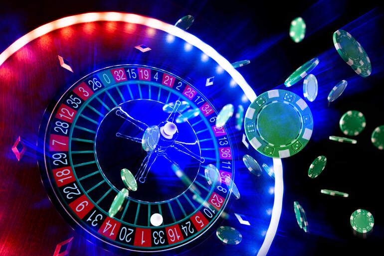 Glowing roulette wheel with flying casino chips and dramatic lighting