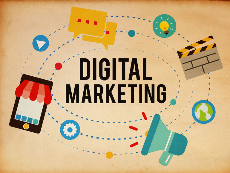 Digital marketing illustration with icons of phone, megaphone, and social media tools around the text “Digital Marketing.”